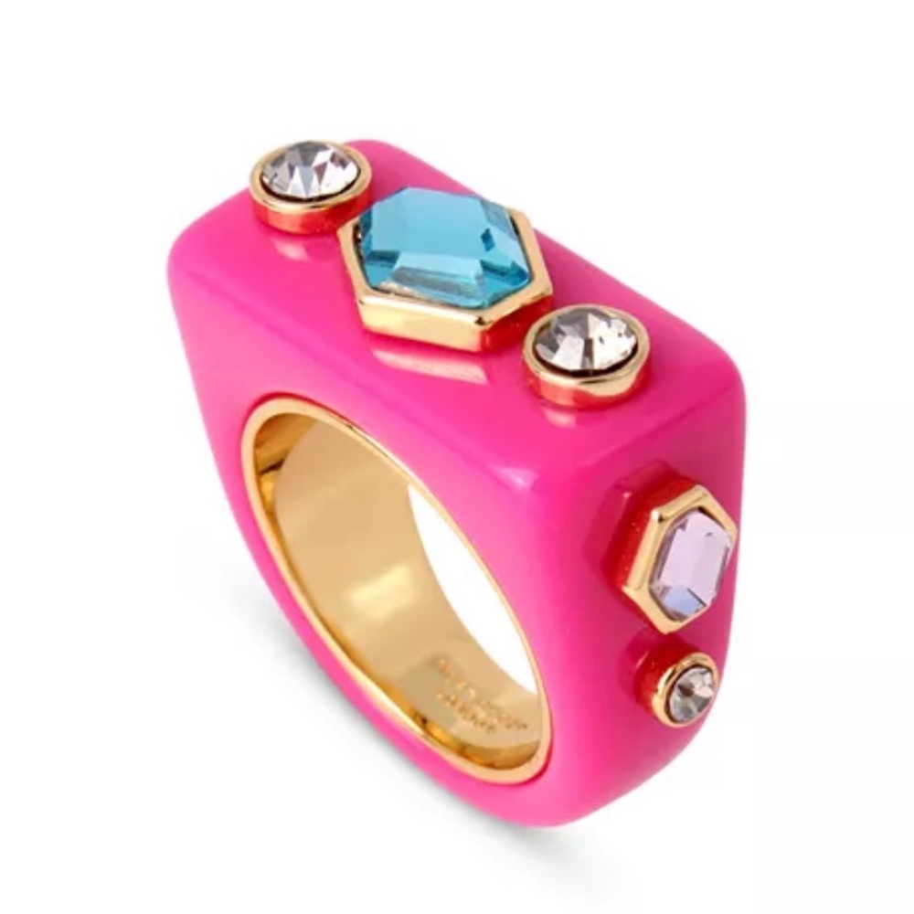 Kurt Geiger Pink Gold Tone Rectangle Resin Ring Mixed Crystal Blue Clear Gems
